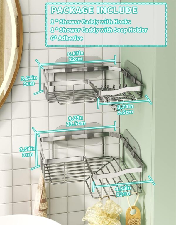 HapiRm Shower Caddy Shower Corner Shelves with 11 Hooks, Shower Organiser for Razor soap and shampoo, Bathroom Storage & Kitchen Storage Bath Accessories Stainless Steel, 6 Sticker, 2 pcs
