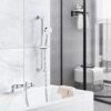 Thermostatic Bath Shower Mixer Tap with Shower Riser Kit, Modern Bath Taps with Shower Set, Include Deck Mounted Thermostatic Bar, Shower Rail, Shower Head, Shower Hose, 38°C Anti Scald, Chrome