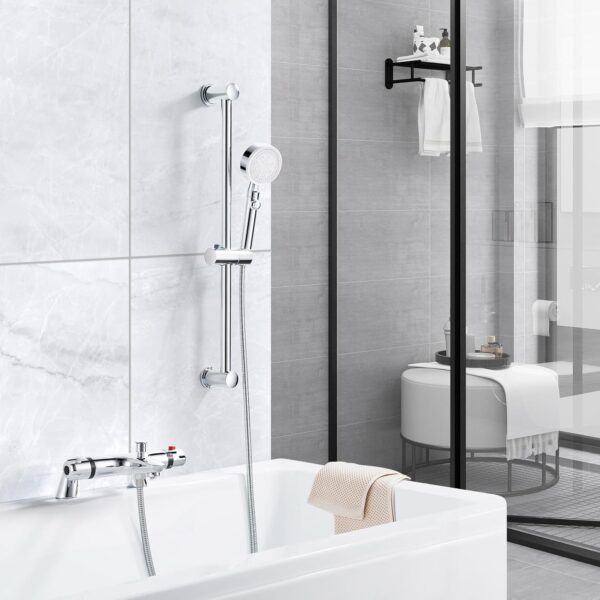 Thermostatic Bath Shower Mixer Tap with Shower Riser Kit, Modern Bath Taps with Shower Set, Include Deck Mounted Thermostatic Bar, Shower Rail, Shower Head, Shower Hose, 38°C Anti Scald, Chrome