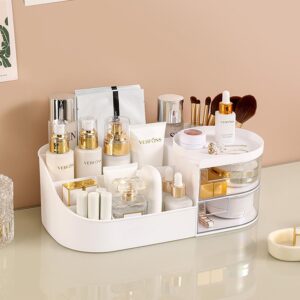 White Makeup Organiser with Drawer,Multifunctional Cosmetic Storage Box,Large Cosmetic Brush Holder Desk Organiser,Skincare Organiser for Office Supplies,Vanity, Bathroom and Bedroom Desk