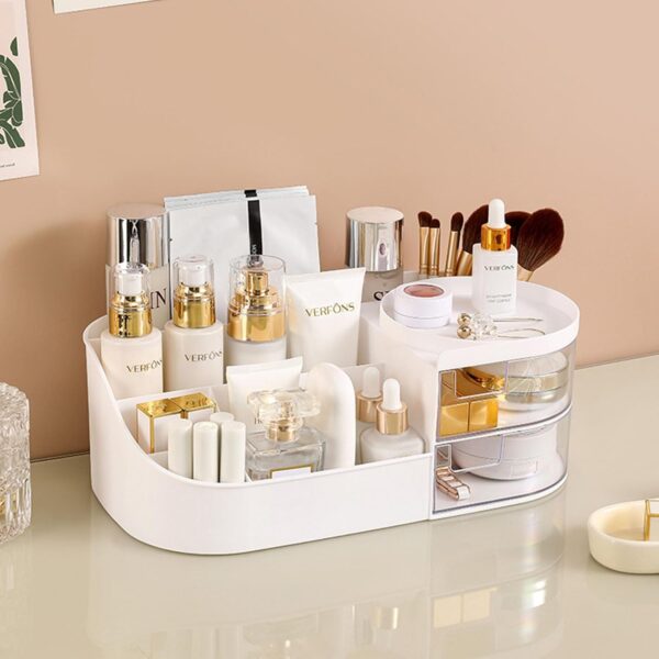 White Makeup Organiser with Drawer,Multifunctional Cosmetic Storage Box,Large Cosmetic Brush Holder Desk Organiser,Skincare Organiser for Office Supplies,Vanity, Bathroom and Bedroom Desk