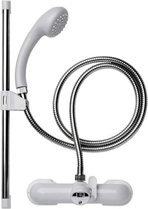 Croydex Bar Mixer Shower Set with 1500mm Flexi-Tube Hose, One Function Shower Head, Riser Rail, Easy Installation, Suitable for Round Taps, Chrome & White