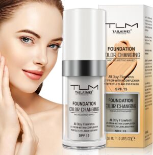 Colour Changing Foundation, TLM Flawless Color Changing Warm Skin Tone Foundation for Mature Skin, Waterproof Naturally Blends Moisturizing Foundation Makeup Base Nude Concealer Full Coverage SPF 15