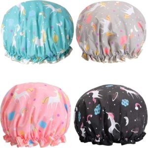 Phoetya 4 Pack Unicorn Shower Caps, Double Layer Waterproof Shower Hat Reusable Elastic Band Bath Caps for Women and Girls Shower Spa