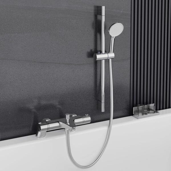 MORADO Thermostatic Bath Shower Mixer Tap Set,Bathtub Shower Mixer Tap with with Shower Riser Kit,(1x Hand Shower,1x Shower Rail 70cm, 1x Shower Hose 1.5m,1x Deck Mounted Bath Shower Tap),Chrome