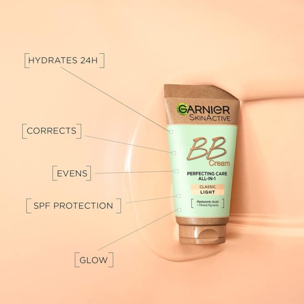 Garnier SkinActive Classic Perfecting All-in-1 BB Cream, Shade Classic Light, Tinted Moisturiser SPF 15, Brightens and Evens Skin, With Hyaluronic Acid Aloe & Mineral Pigments, 50 ml