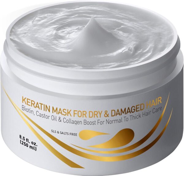 Vitamins Hair Mask Keratin Treatment - Biotin Castor and Coconut Oil Deep Conditioner for Thick Coarse Hair - Protein Repair Product for Coloured Dry Damaged Curly Wavy & Straight Locks