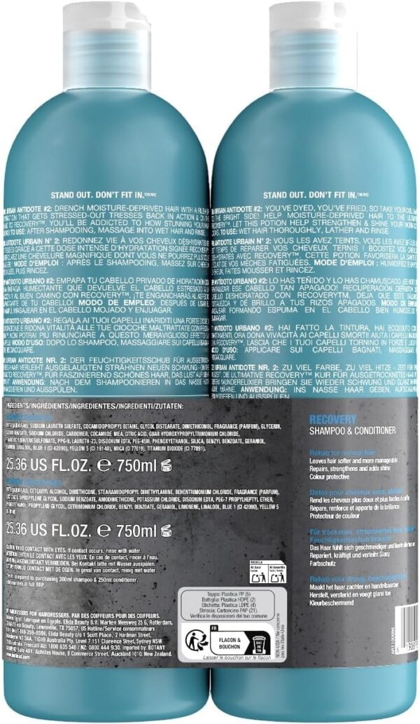 Bed Head by TIGI | Recovery Shampoo and Conditioner Set | Professional Moisturising Hair Repair Treatment | Ideal For Dry And Damaged Hair | 750 ml ( Pack of 2)