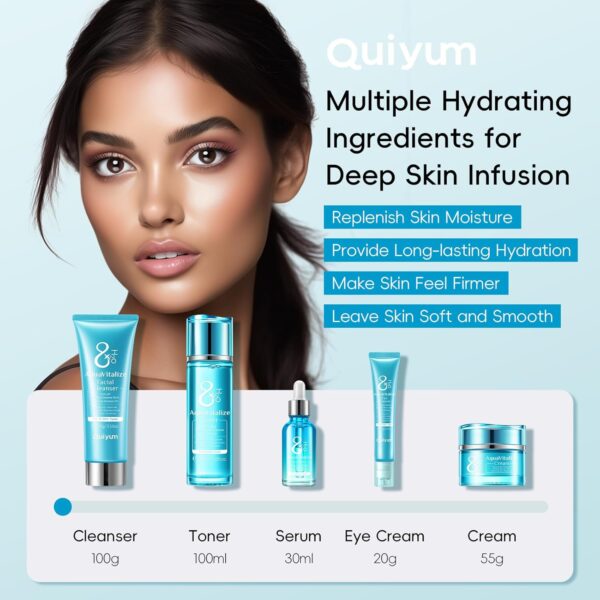 Quiyum Skincare Gift Set, 8X H2O AquaVitalize Skin Care Sets & Kits, Cleanser,Toner,Serum,Eye Cream,Face Cream, Pamper Gift Set for Women Mom Birthday, Luxury Glass Face Care Kit for All Skin Types
