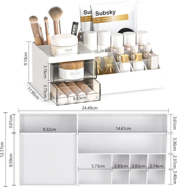 Subsky Makeup Organiser with Drawers, Make Up Storage Cosmetic Dressing Table Organiser Makeup Box with Drawerds for Dresser, Bedroom, Bathroom (White)