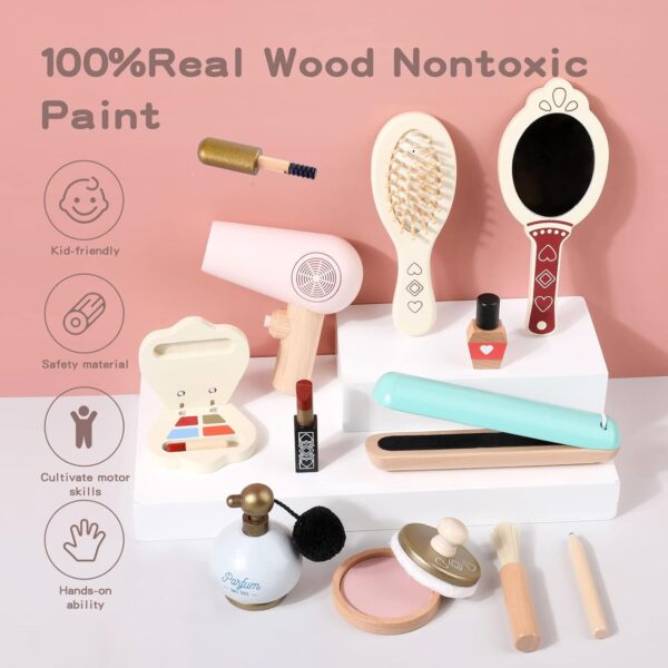 Pretend Makeup Sets Montessori Wooden Toy Kit Pretend Makeup Play Dress Up Kit for Toddler Children & Little Girls Fake Makeup Cosmetic with Hair Dryer, Mirror, Perfume Gifts Ages 3 +