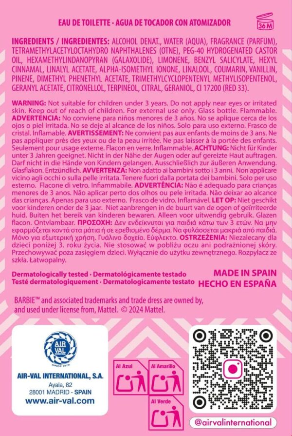 Barbie Eau de Toilette Natural Perfume Spray, Vegan and Dermatologically tested EDT fragrance Spray for Kids, 30ml