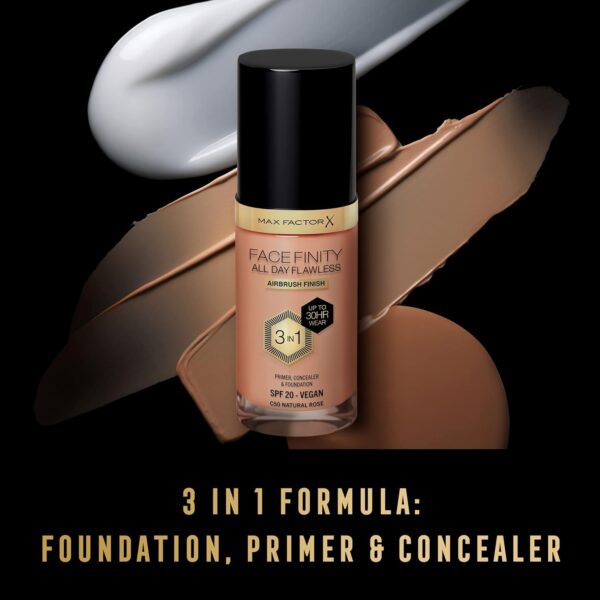 MAX FACTOR - Facefinity All Day Flawless Foundation - 3-in-1 Concealer, Liquid Foundation & Face Primer - Up To 30hr Wear - Flawless Airbrush Finish, SPF 20, Vegan - C50 Natural Rose - 30ml