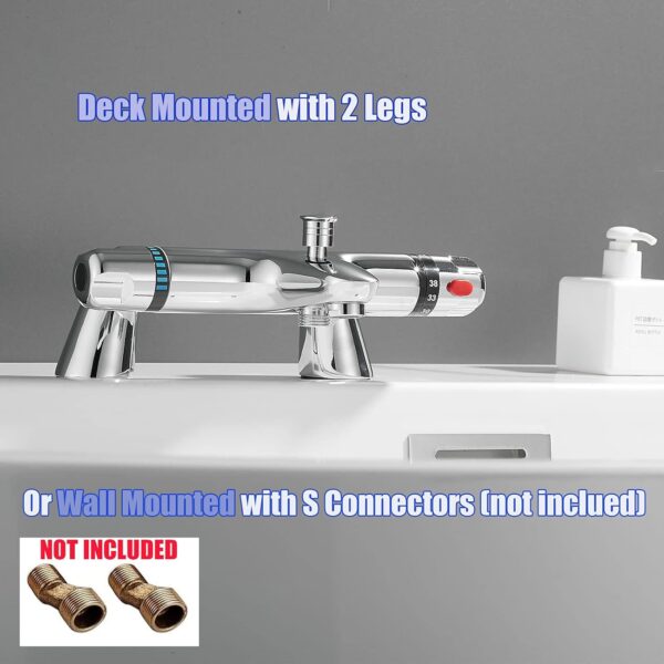 Thermostatic Bath Shower Mixer Valve Deck Mounted with Legs, Solid Brass Body Chrome Plated, Easy to Control Water Flow and Temperature from 30-45°C, Safety Button Temperature 38°C