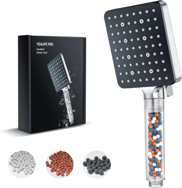 Shower Head with Filter,YEAUPE PRO Square Pure Shower,Bathroom showerhead (115 * 100mm), Shower Heads High Pressure 6 Jet Modes,Universal Powerful Flow Rain Hard Water Softener Handheld Shower Head