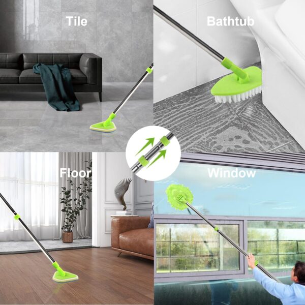 Bathroom Cleaning Brush, 3-in-1 Tub Tile Scrubbing Brush with Extendable Long Handle, Bathroom Scrubber Tool Adjustable Shower Cleaning Brush for Floor Bathtub Tile Wall Cleaning - Green
