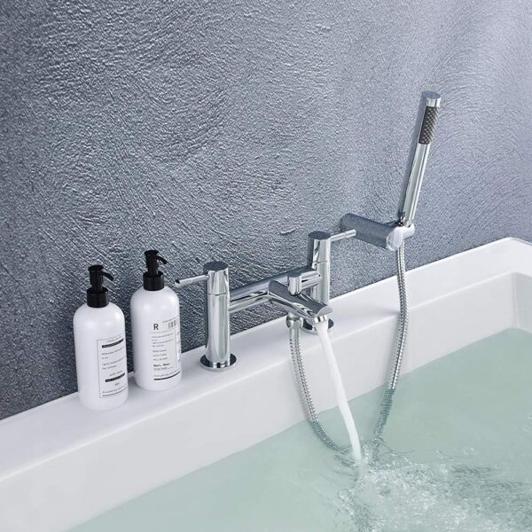 WasserRhythm Bath Mixer Taps with Shower Attachment Bathroom Tub Filler Tap Dual Lever Mixers Mono Monobloc Two Holes Chrome Brass 2 in 1 Bathtub Faucet with Handheld Shower Modern Deck Mounted