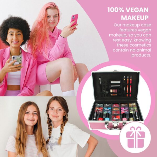 LOVE URBAN BEAUTY Hot Pink Makeup Vanity Case – 82-pcs Vegan Makeup Kit for Teens and Women with Eyeshadow, Blusher, Lipsticks and Nail Products – Fun Travelling Makeup Vanity Case for Girls