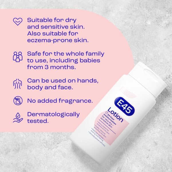 E45 Dermatological Moisturising Lotion 200 ml – Body Lotion – Daily Moisturiser for Long-Lasting Hydration for Dry Skin and Sensitive Skin – Protect from Dryness, Reduce Redness and Flaking