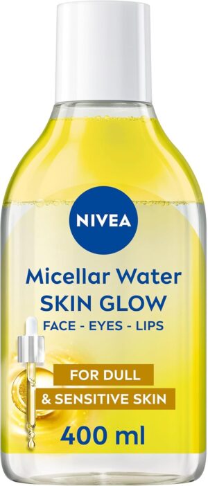 NIVEA Skin Glow Serum Infused Micellar Water (400ml), Revitalising Micellar Cleansing Water with Amino Acid and 5% Vitamin C and E, Gentle Waterproof Makeup Remover