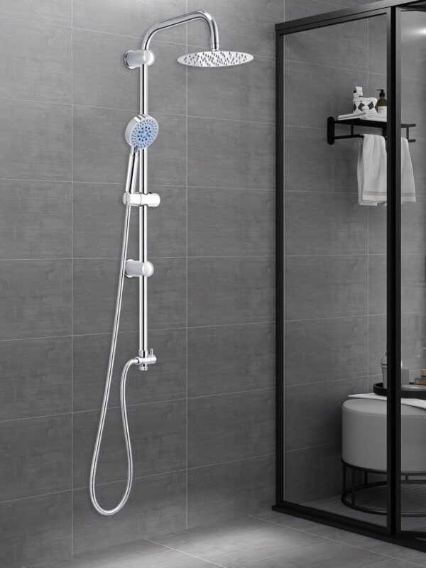 Youyijia Shower Riser Kit Shower Mixer Twin Head Shower Set Bathroom Square Mixer with Handheld Shower and 8" Square Overhead Adjustable Rainfall Shower Taps and Hose Chrome Plated Kit (Round)