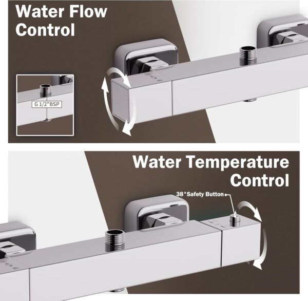PURAGEIR Shower Mixer Set, Thermostatic Shower Set with 3 Functions Hand Shower, Shower Bar Set with Adjustable 8'' Overhead Rainfall Shower,Square Shape,Chrome