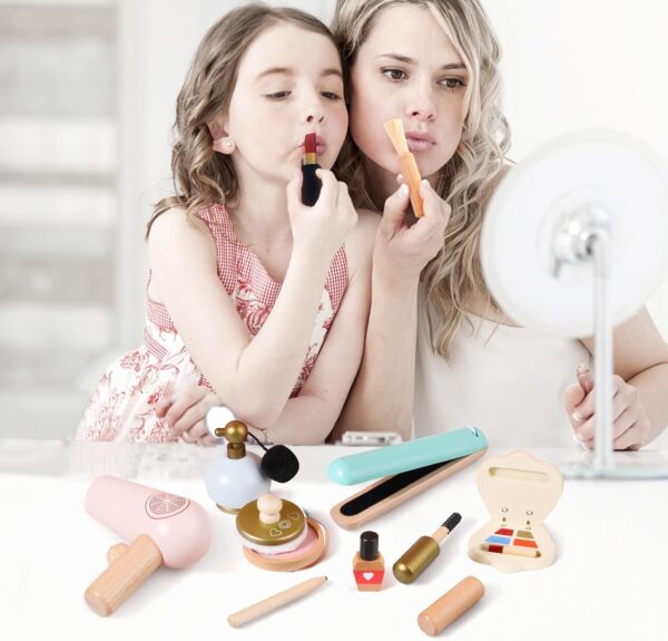 Pretend Makeup Sets Montessori Wooden Toy Kit Pretend Makeup Play Dress Up Kit for Toddler Children & Little Girls Fake Makeup Cosmetic with Hair Dryer, Mirror, Perfume Gifts Ages 3 +