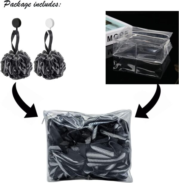 71r6hO2CjL._AC_SL1500_.jpg 2 Pack Mesh Pouf Bath Sponge with Clear Travel Toiletry Bag Black+White Mesh Loofah Body Exfoliating Shower Ball Shower Sponge with 2 Wall Hooks