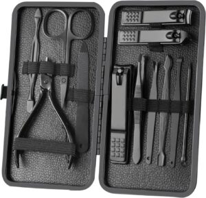 Manicure Set Nail Clippers Pedicure Kit -12PCS Stainless Steel Manicure Kit, Professional Grooming Kits, Nail Care Tools with Luxurious Travel Leather Case Gift Box (Black, 12)