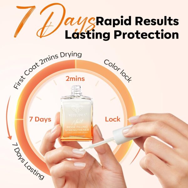 Modelones Nail Care 8 in one Ridge Filling Strengthener Treatment, Nail Polish Strengthener for Damaged and Weak Nails, Nail Hardener Extra Strong and Growth Smoothing Base Coat White Nail 15ml