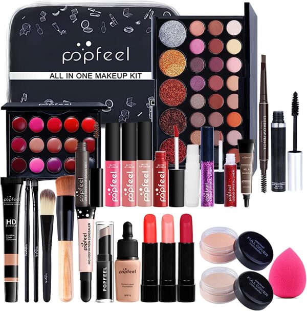 71rUhaHHGqL._AC_SL1500_.jpg RoseFlower 28Pcs Professional Makeup Set, Essential Make up Starter Set Make-up Sets With Cosmetic bag Eyeshadow Palette Lip Gloss Concealer blush Foundation Brush