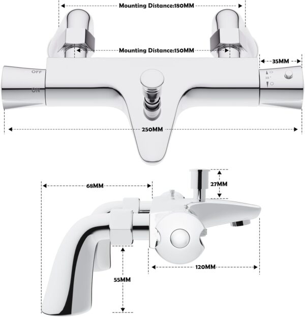PURAGEIR Thermostatic Bath Tap, Deck Mount Shower Tap with Anti-Scald Control, Chrome Bathtub Mount