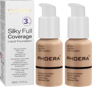 2PCS PHOERA Foundation, PHOERA Matte Liquid Foundation,PHOERA Makeup for Women, PHOERA Foundation Full Coverage Concealer, 30ml 24HR Matte Oil Control Concealer (2pcs- 104- Buff Beige)