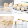 8 Pcs Frosted Clear Glass Cosmetic Jars with Wood Grain Plastic Lids & Inner Liners – 20ml & 30ml Refillable Travel Pots for Creams, Lip Balm, Makeup, Powder, Lotion, and Nail Products