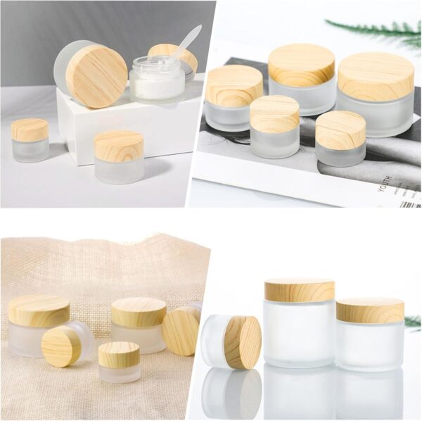 8 Pcs Frosted Clear Glass Cosmetic Jars with Wood Grain Plastic Lids & Inner Liners – 20ml & 30ml Refillable Travel Pots for Creams, Lip Balm, Makeup, Powder, Lotion, and Nail Products