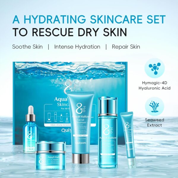 Quiyum Skincare Gift Set, 8X H2O AquaVitalize Skin Care Sets & Kits, Cleanser,Toner,Serum,Eye Cream,Face Cream, Pamper Gift Set for Women Mom Birthday, Luxury Glass Face Care Kit for All Skin Types