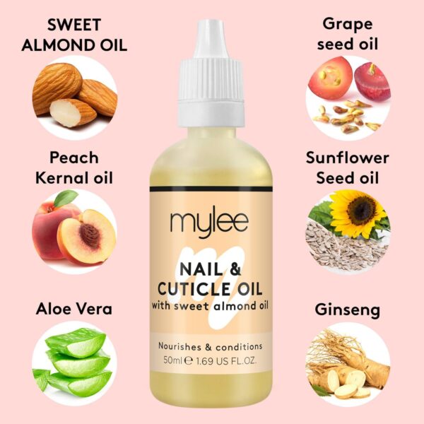 Mylee Sweet Almond Nail & Cuticle Oil 50ml, – Deeply Hydrating & Nourishing Cuticle Conditioner Oil, Non-Greasy Formula and Leaves No Sticky Residue, Lightly Scented With Almond Oil