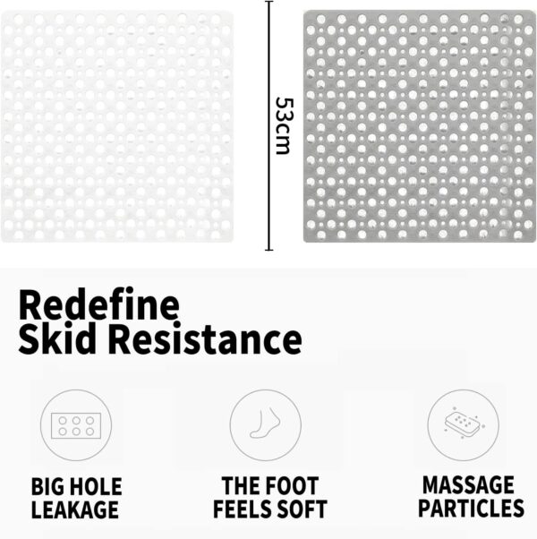 Venuso Square Shower Mats Non Slip Anti Mould, 43 x 75 cm Rubber Anti Slip Bath Mat with Drain Holes, Machine Washable, White