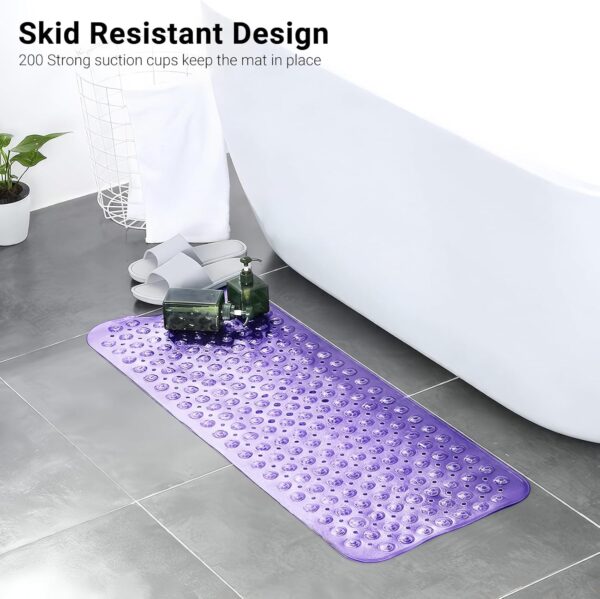ADOV Bath Mat Non Slip, 100x40cm Extra Long Shower Mat Anti Mould, Anti-Bacterial Bathtub Mats, 200 Strong Suction Cups and Drain Holes, Mildew Resistant Machine Washable Bathroom Kids Mat - Purple