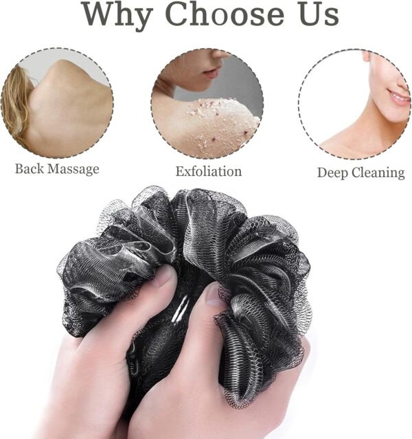 DDUP loofah,Shower Puff,Bath Loofah,Body Brush, Mesh Sponge, Mens Shower loofah,Exfoliating Bath Scrunchie for Women and Men, Soft Body Scrubber Bath Sponge 3pcs（Black Colour）