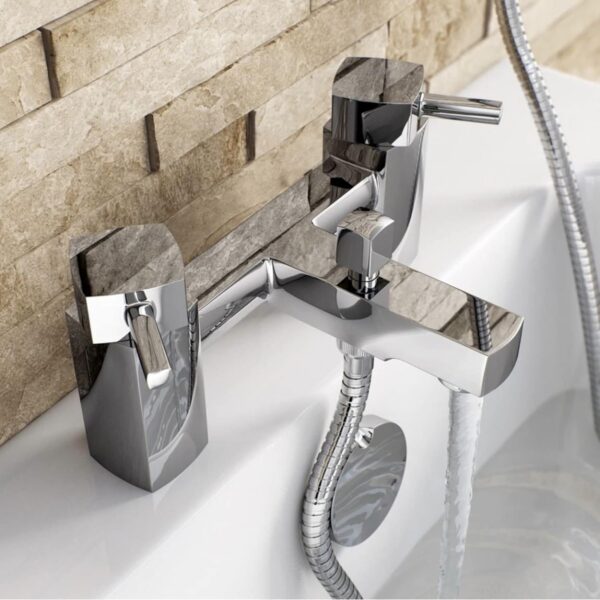 ENKI, Stella, BBT0012, Chrome, Bath Shower Mixer Taps with Twin Rigid Riser Shower Attachment, Solid Brass, Easy Clean, Angular Design, Quarter Turn Valves, Easy to Install, 10-Year Guarantee