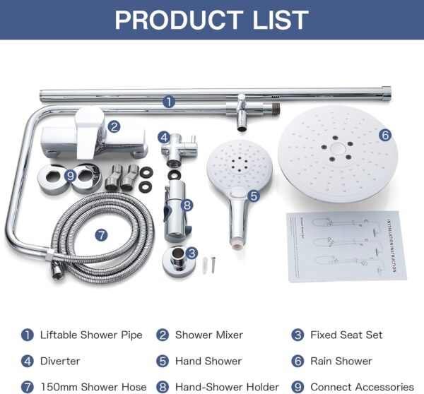 Coleniny Shower System with Diverter Chrome, Shower Mixer Set with 21cm Round Overhead Rainfall Shower Head, 3-Function Handheld Shower, Riser Rail, Adjustable Height Anti Scald Shower Set