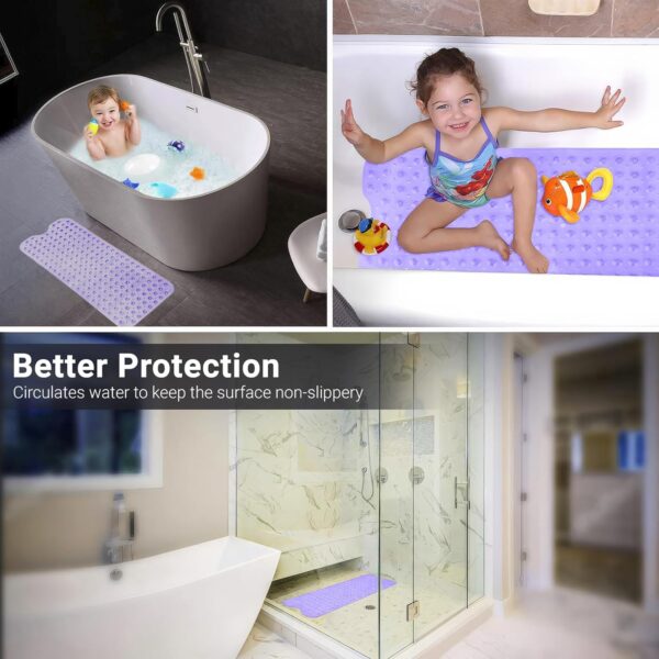 ADOV Bath Mat Non Slip, 100x40cm Extra Long Shower Mat Anti Mould, Anti-Bacterial Bathtub Mats, 200 Strong Suction Cups and Drain Holes, Mildew Resistant Machine Washable Bathroom Kids Mat - Purple