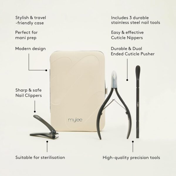 Mylee Manicare Kit – Three Professional, Sleek, Matte Black, Stainless Steel, Salon-Quality Nail Tools In One Stylish Case – Includes Cuticle Nippers, Small Nail Clipper & Dual-Ended Cuticle Pusher
