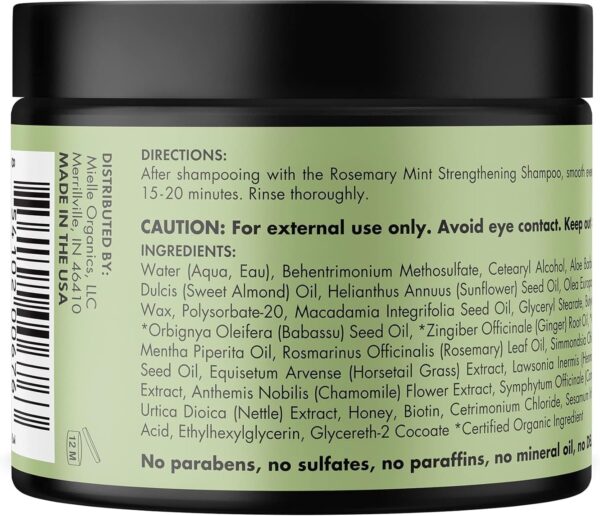 Mielle Rosemary Mint Strengthening Hair Masque, Essential Oil & Biotin Deep Treatment, Miracle Repair for Dry, Damaged, & Frizzy Hair, 340 ml (Pack of 1)