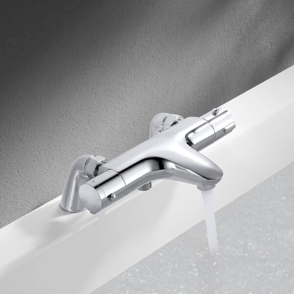 Thermostatic Bath Shower Mixer, Bevankly Exposed Thermostatic Shower Mixer Taps Valve Anti Scald Tap, Deck Mounted Bath Shower Mixer Bar with Anti-Scald Control Valve, Brass, 180mm