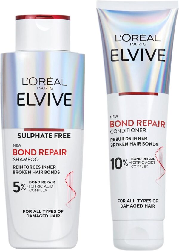 L’Oreal Paris Elvive Bond Repair Routine Set for Damaged Hair, Shampoo 200ml and Conditioner 150ml, Deep Intensive Hair Repair Treatment, Rebuild Broken Hair Bonds