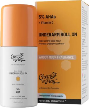 Chemist at Play UnderArm Roll-On with 5% AHA, Lactic Acid & 1% Mandelic Acid | Prevents Body Odour, Brightens Skin & Exfoliates Underarm | For Sensitive Skin | Woody Musk Fragrance | Alcohol Free-40ml