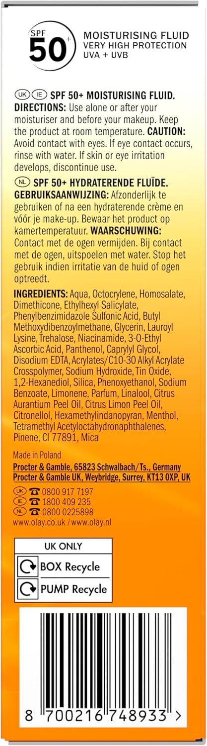 71tr4ffRvXL._AC_SL1500_.jpg Olay Vitamin C Brighten & Glow 3in1 Moisturising Fluid SPF50+ Hydrating Skincare Moisturiser and Primer with Niacinamide, Provides Hydration, Glow, UV Protection, and Helps Correct Dark Spots, 50ml