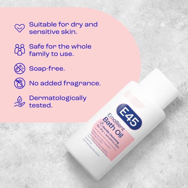E45 Bath Oil 500 ml – E45 Bath Oil Emollient to Moisturise & Hydrate Dry Skin – Gently Cleanses for Soft Skin – Soap Free & Perfume Free Emollient Bath & Shower Oil Body Wash - Dermatologically Tested